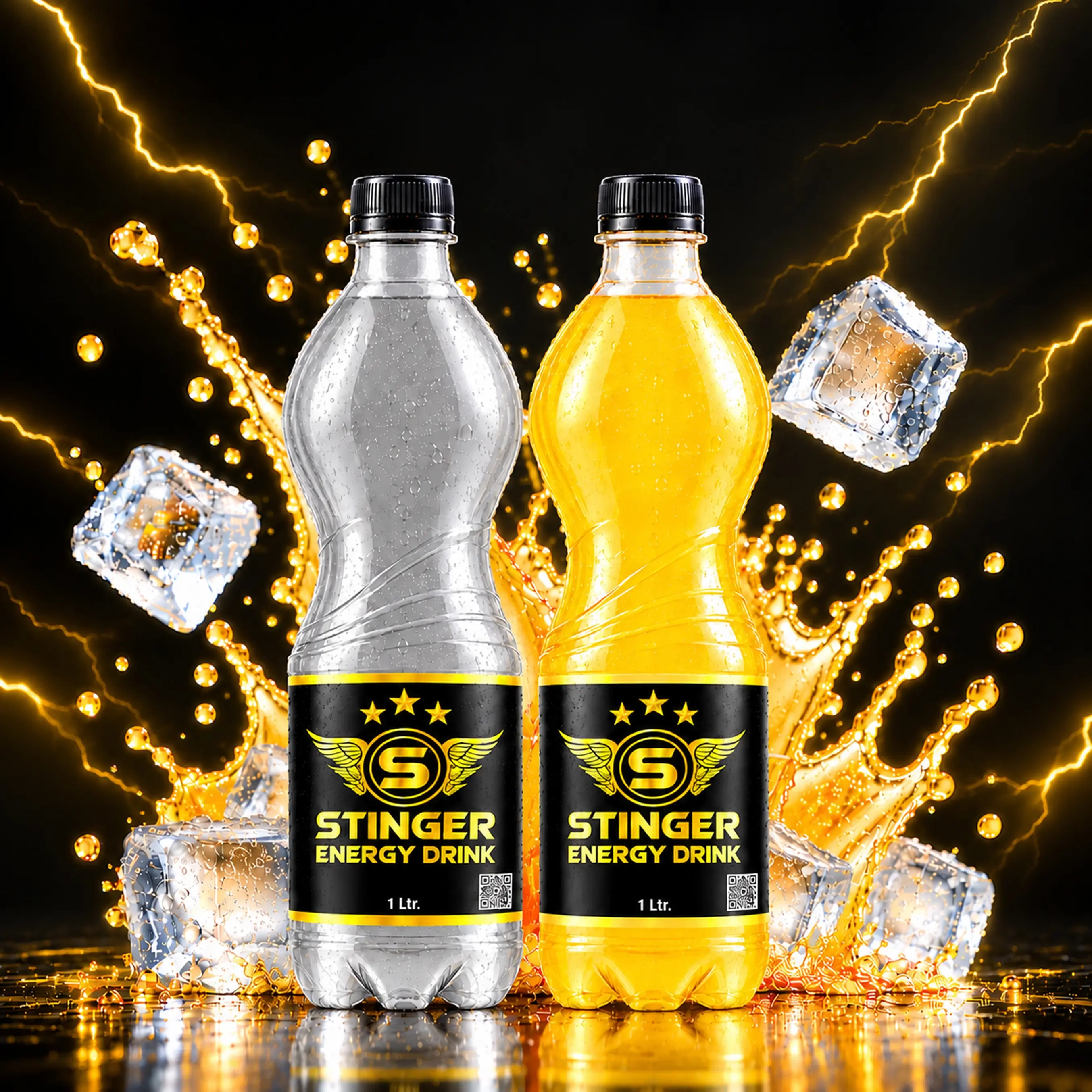 STINGER Energy Drink 1 L clear and golden PET bottles with golden splash, ice cubes and lightning background.